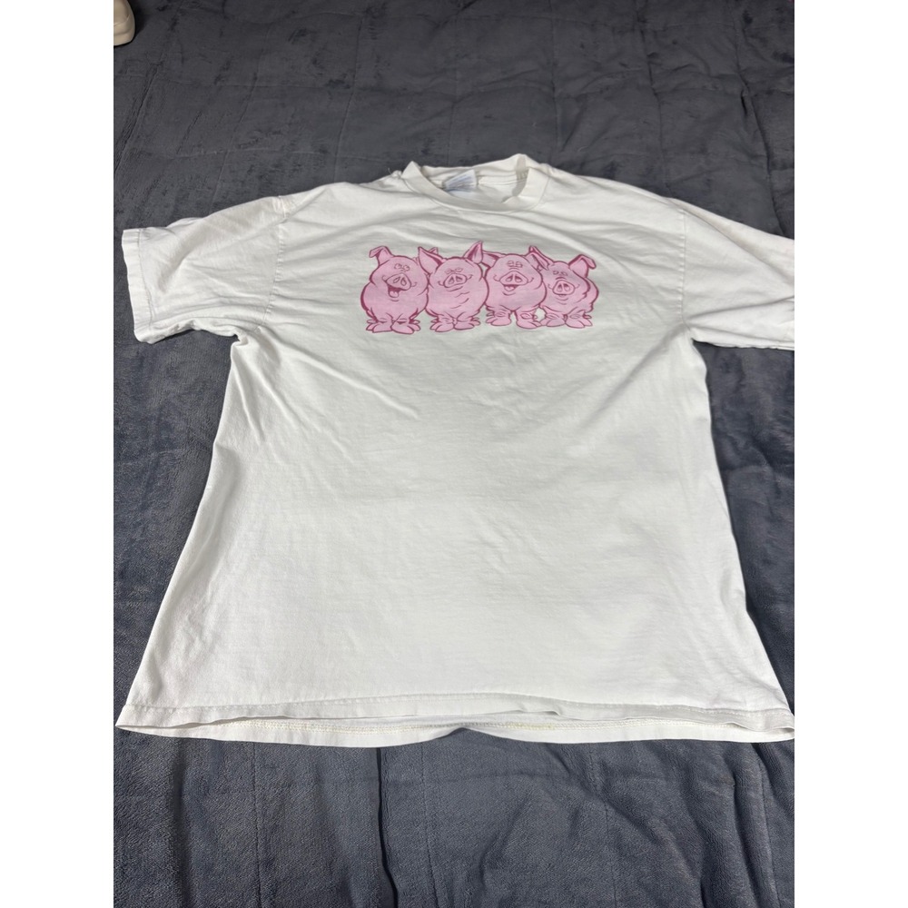 Hanes Heavyweight Mens Large White Pink Cartoon Pigs Graphic T-Shirt USA Fabric